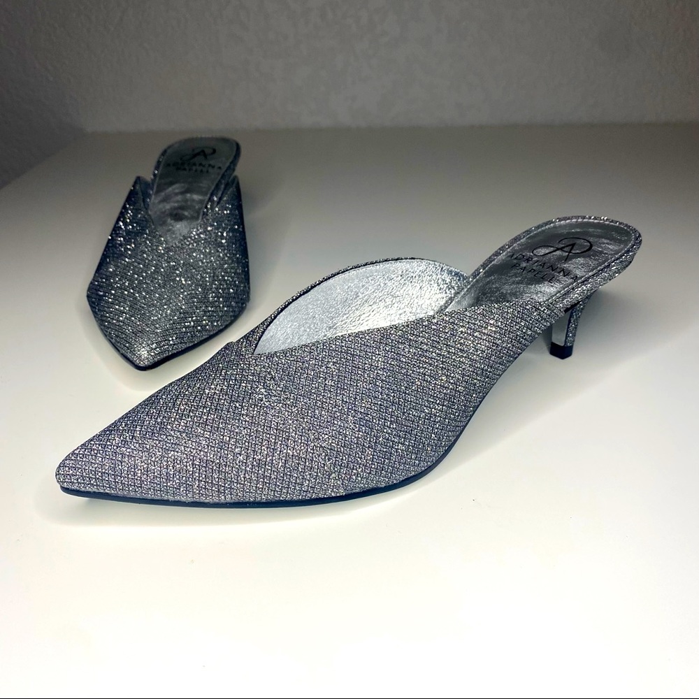 Adrianna Papell Lanai Mules heels silver sparkle